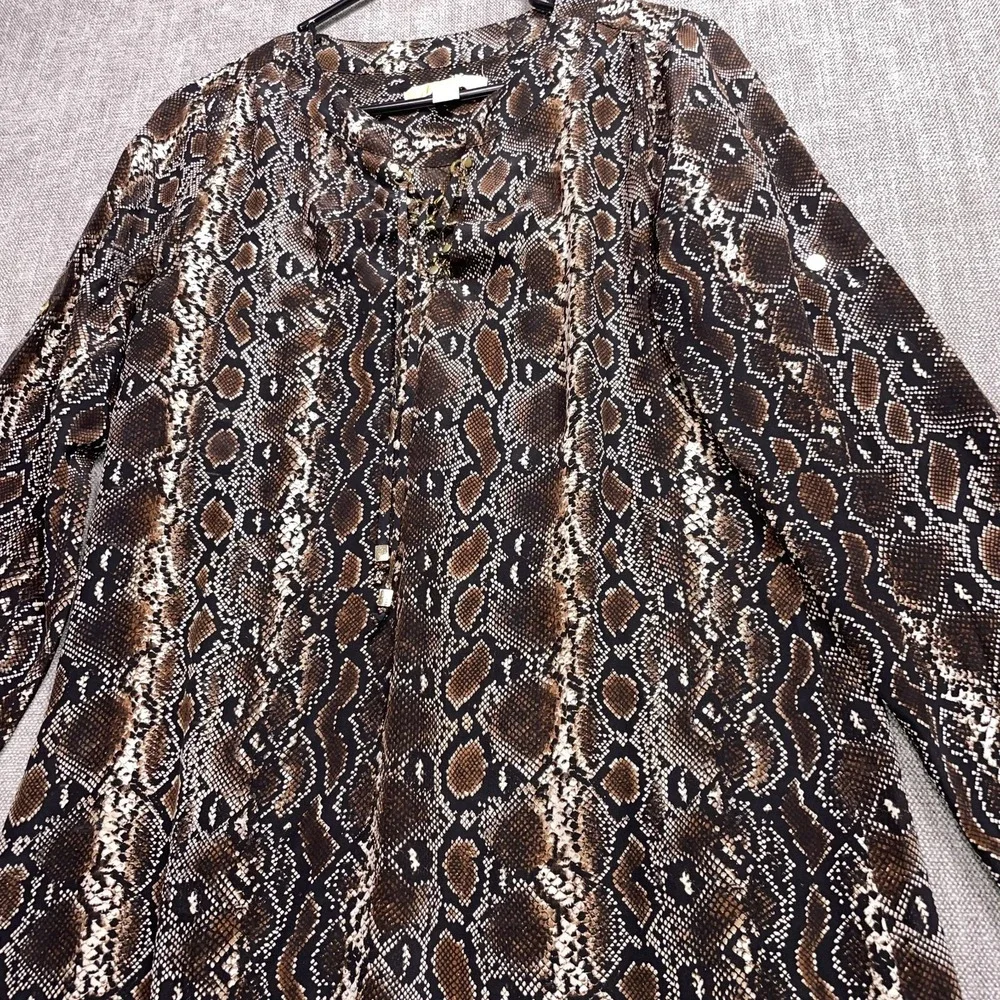 Michael Kors Tunic Dress Womens Medium Brown Snake Print Silk Lace Up V Neck